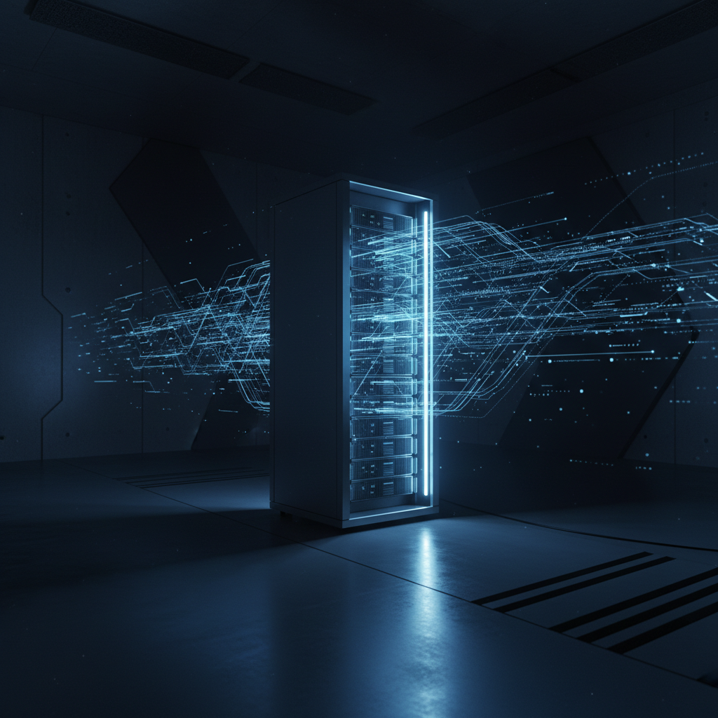 Ilustração de um servidor dedicado, um único rack de servidor iluminado em um data center escuro, simbolizando exclusividade e alto desempenho.
