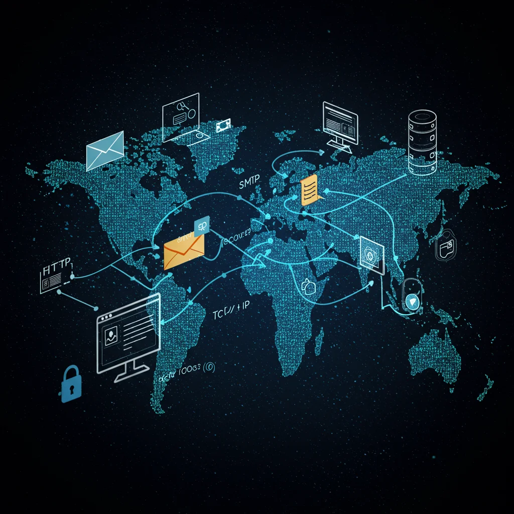 Ilustração representando pacotes de dados viajando pela internet, seguindo diferentes rotas e protocolos, como HTTP, TCP/IP e SMTP, garantindo a comunicação segura entre computadores e servidores.