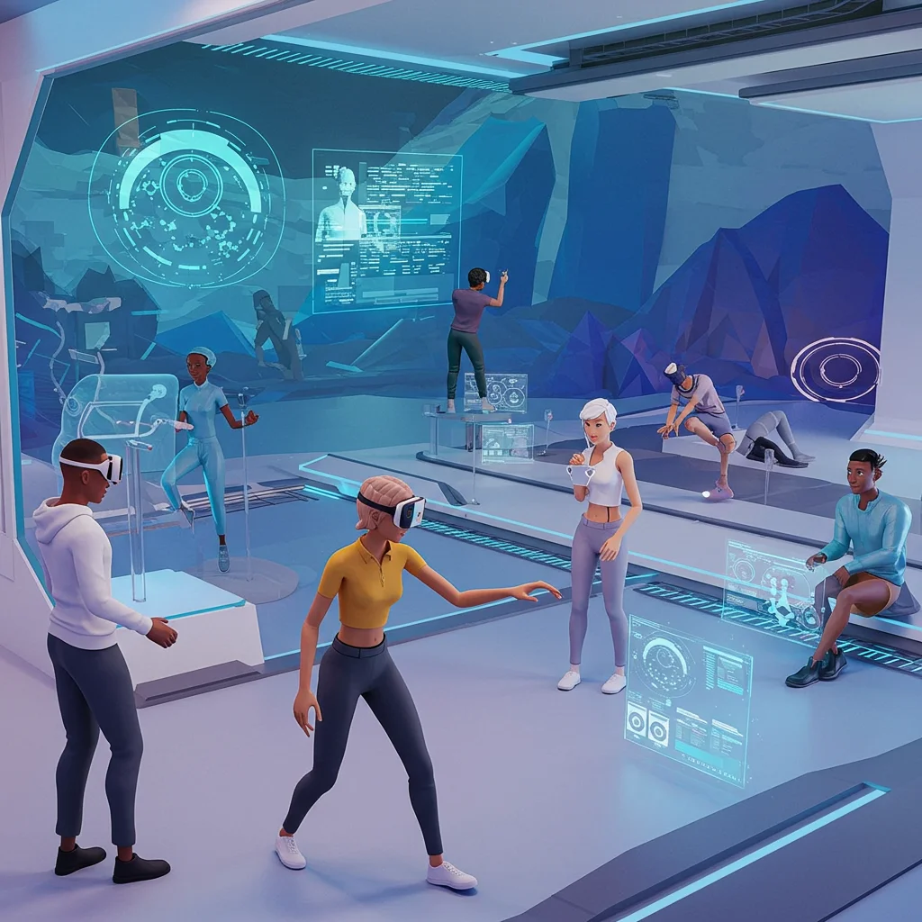 Avatares interagindo em um ambiente de metaverso vibrante e futurista.