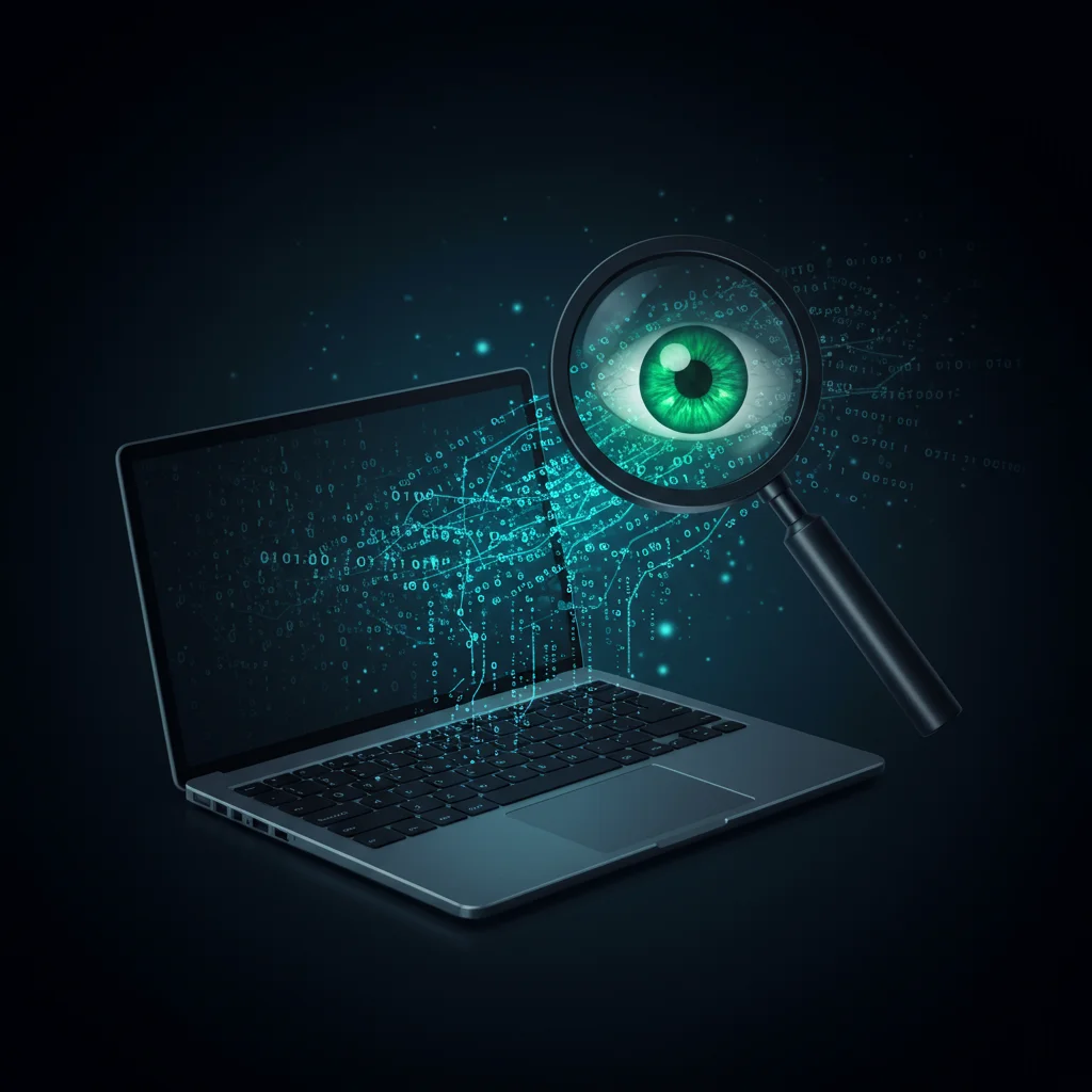 Ilustração de um spyware. Uma lupa sinistra pairando sobre um laptop, com fluxos de dados fluindo do laptop para a lupa. A lupa tem um olho verde brilhante, simbolizando a vigilância.