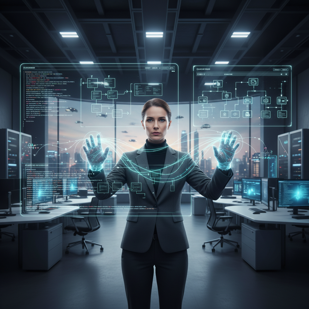 Um analista de sistemas profissional orquestrando diagramas e fluxos de dados em uma interface holográfica, representando a arquitetura de software.