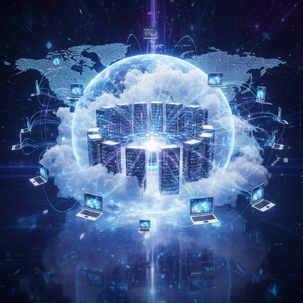 Ilustração futurista de um servidor web central, mostrando fluxos de dados conectando-se a dispositivos globais.