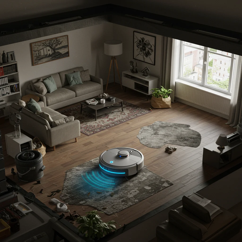 Robô aspirador de pó autônomo navegando em uma sala de estar.