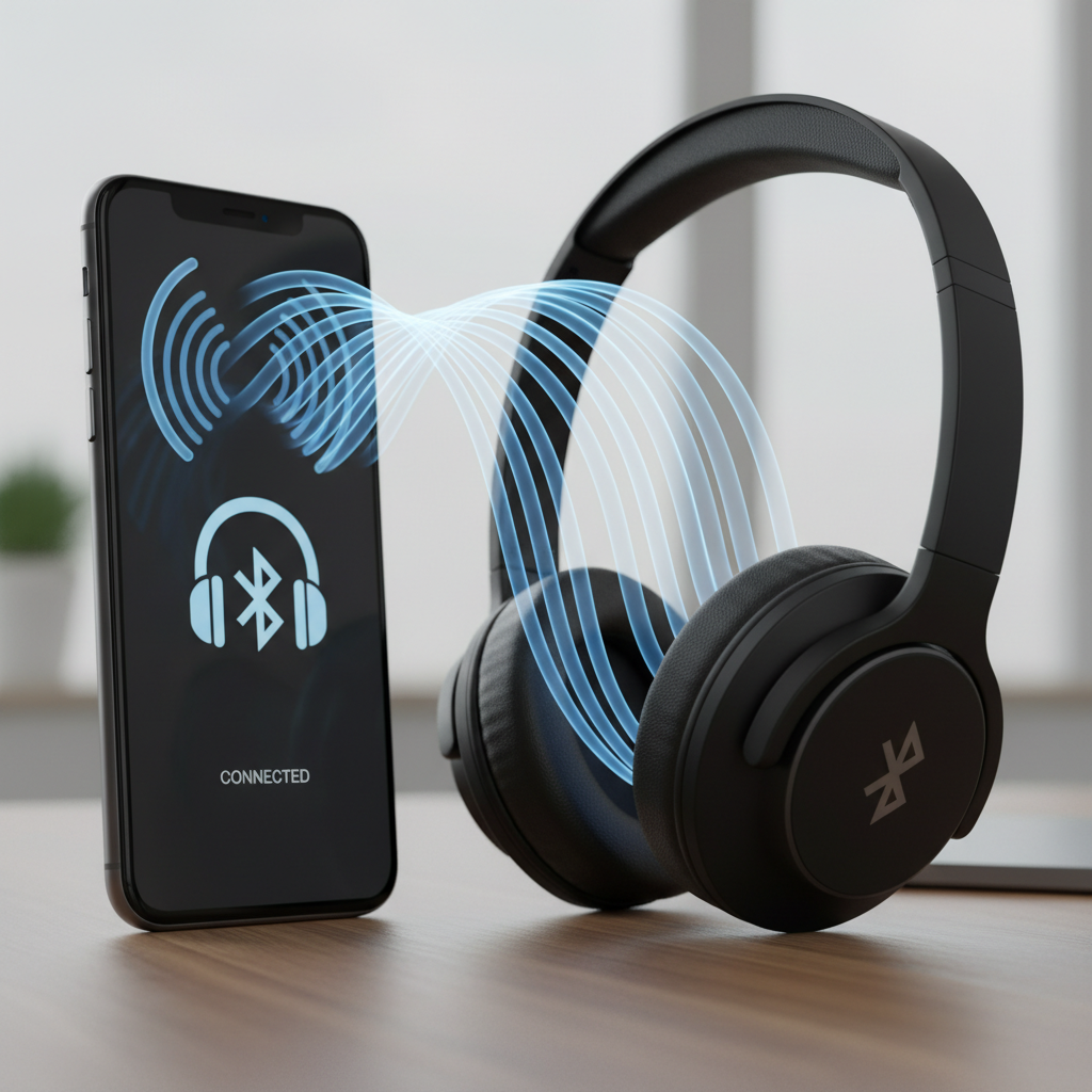 Representação visual da conexão wireless entre um smartphone e fones de ouvido Bluetooth, mostrando as ondas de rádio.