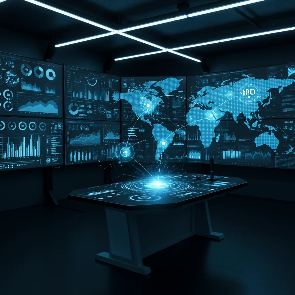 A representation of an ERP system connecting various parts of a global enterprise.