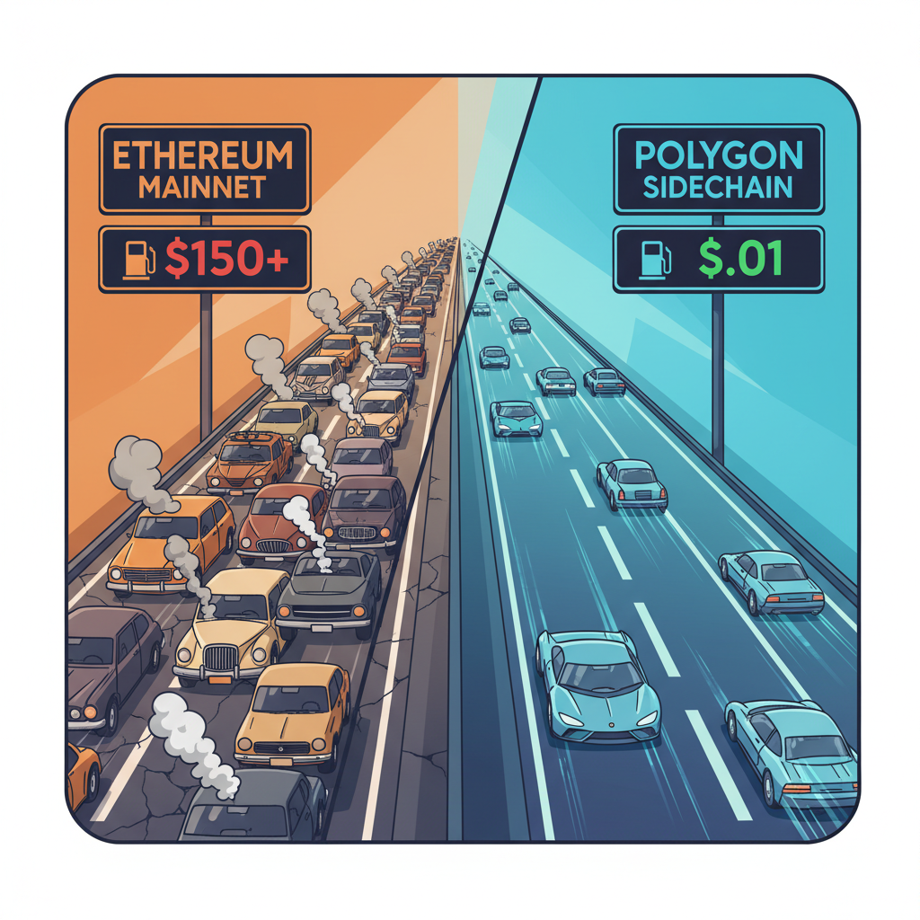 Comparativo visual das taxas de transação e velocidade: a rede Polygon (MATIC) como uma via rápida e barata em contraste com o congestionamento da Ethereum.