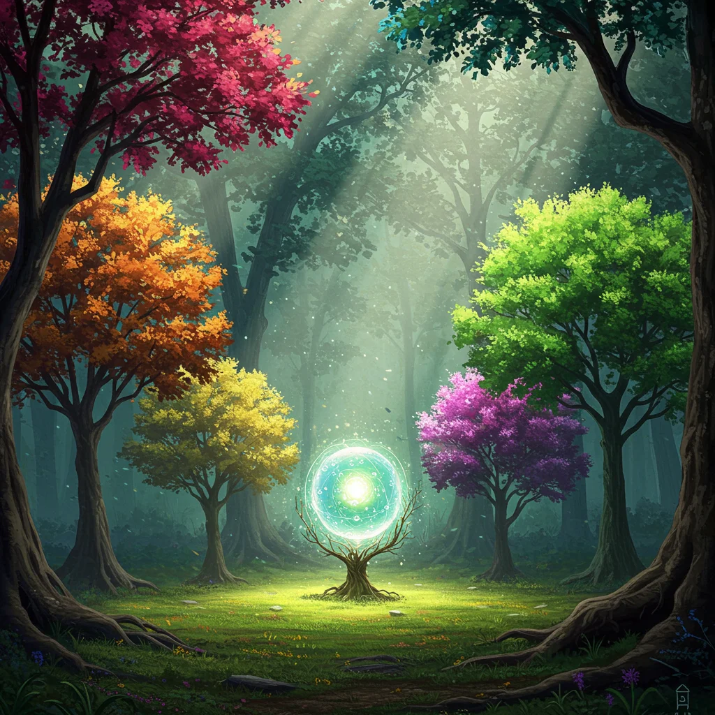 Representação visual de um Random Forest, com árvores diversas e uma esfera central representando a decisão agregada.