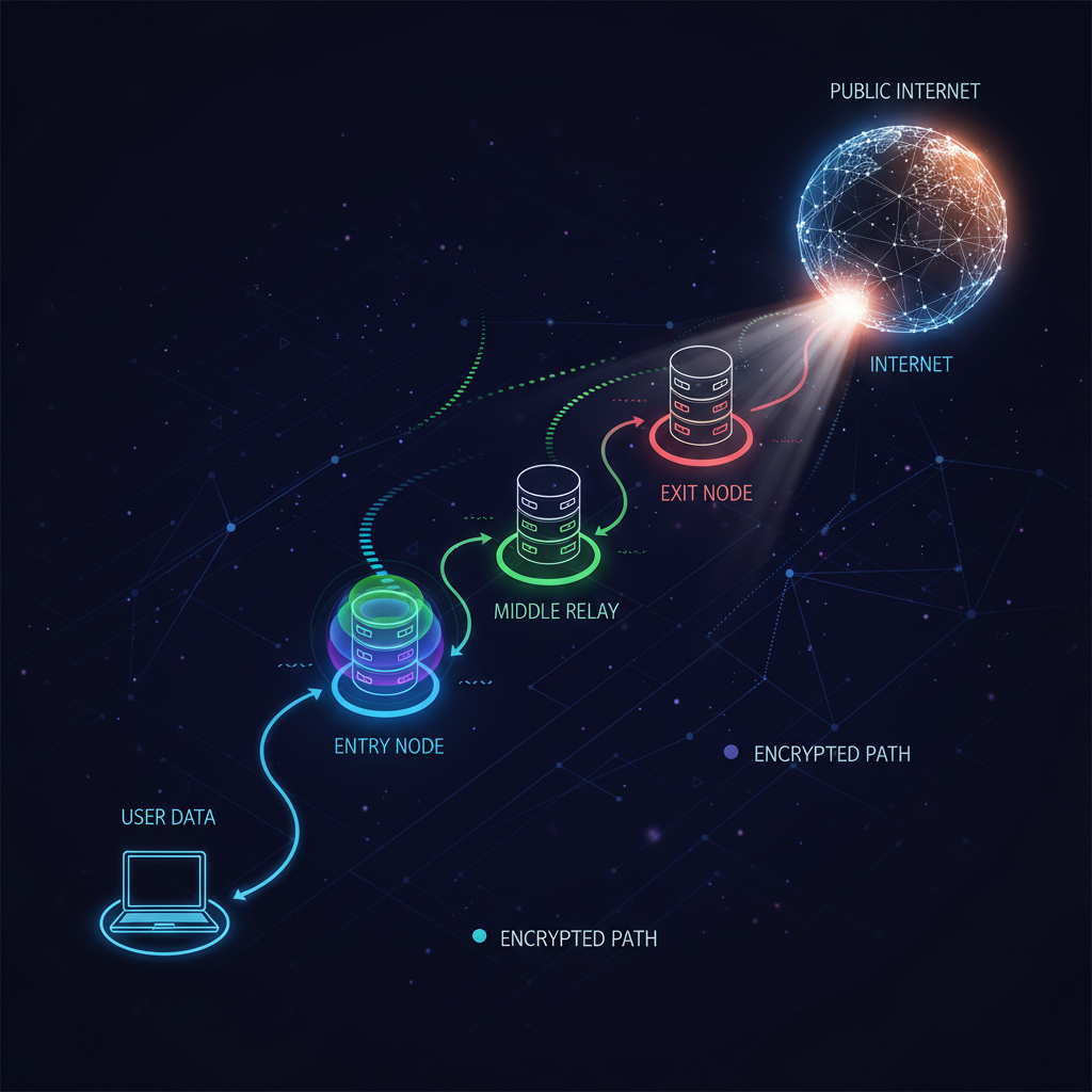 Diagrama explicando o funcionamento da rede TOR, mostrando um pacote de dados passando por um nó de entrada, um nó de retransmissão e um nó de saída.