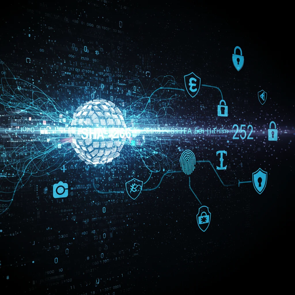 Representação visual do algoritmo SHA-256 transformando dados em uma impressão digital única de 256 bits.