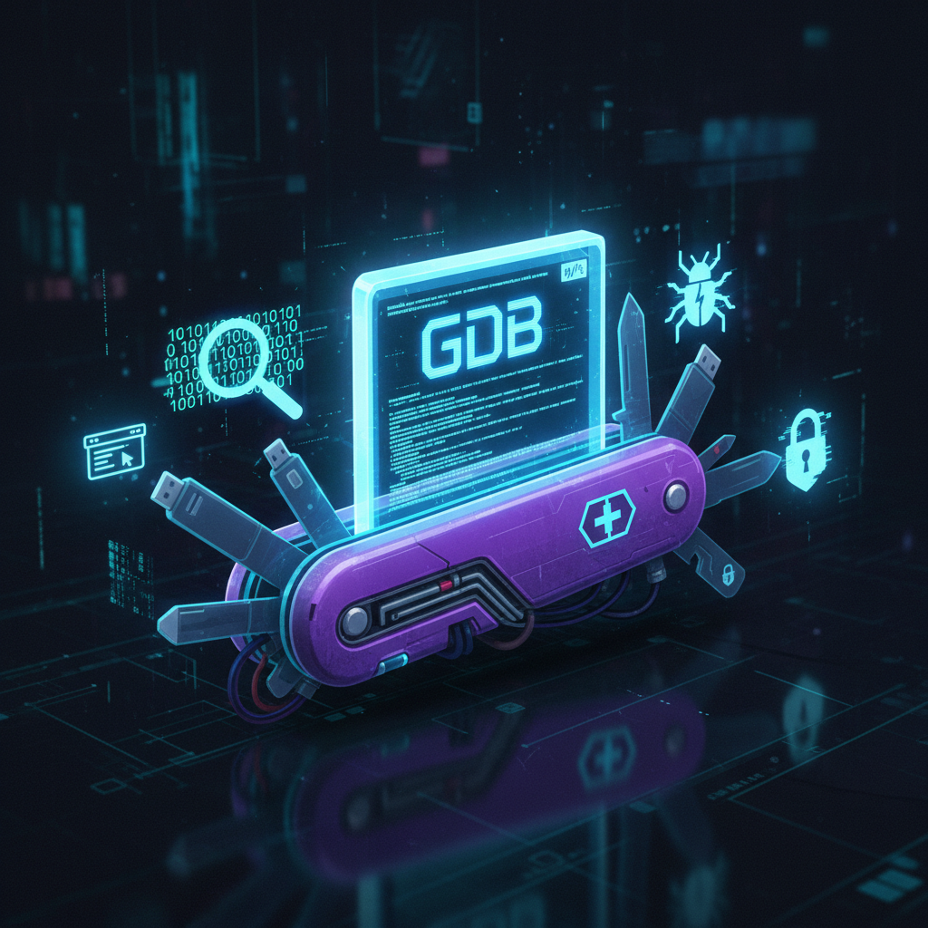 Ilustração de um canivete suíço digital com ferramentas de hacking e programação, simbolizando a versatilidade do GDB.