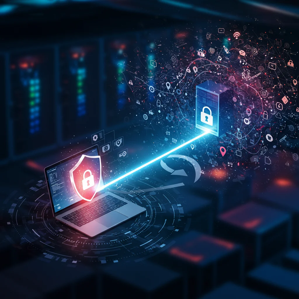 Imagem representando uma conexão VPN segura. Um laptop com um escudo brilhante está conectado a um servidor distante por um túnel criptografado, atravessando a internet representada por linhas e símbolos.