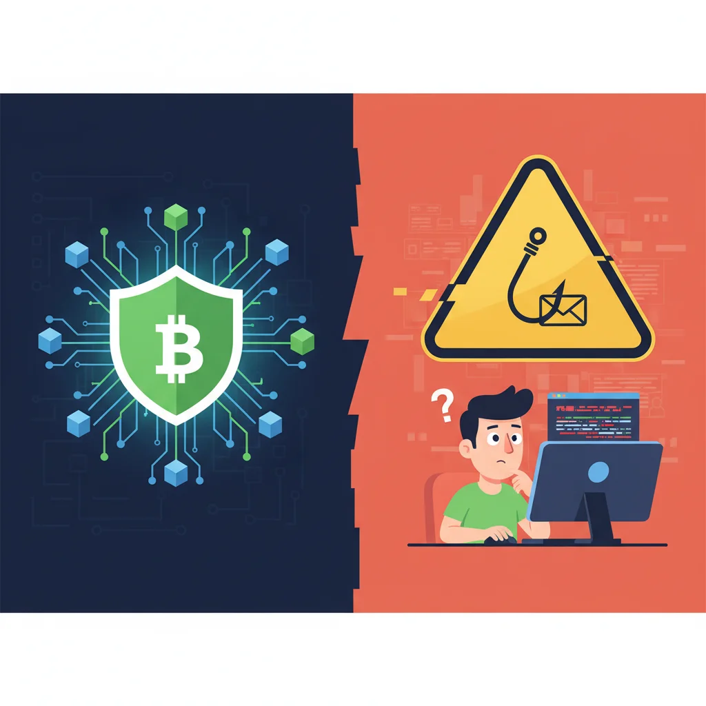 Comparativo entre a segurança da rede blockchain e os riscos de golpes de phishing para o usuário de criptomoedas.