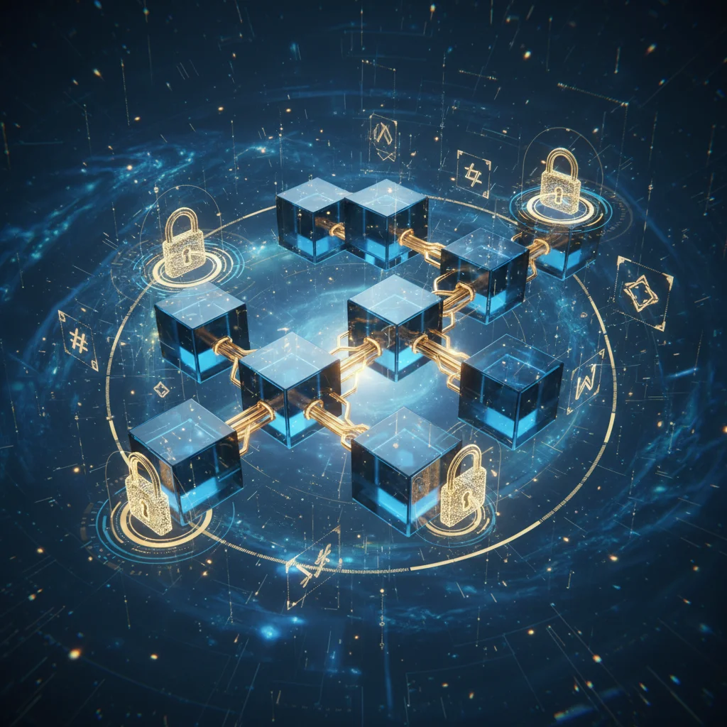 Ilustração de uma rede blockchain com blocos de dados conectados e cadeados digitais, simbolizando a segurança.