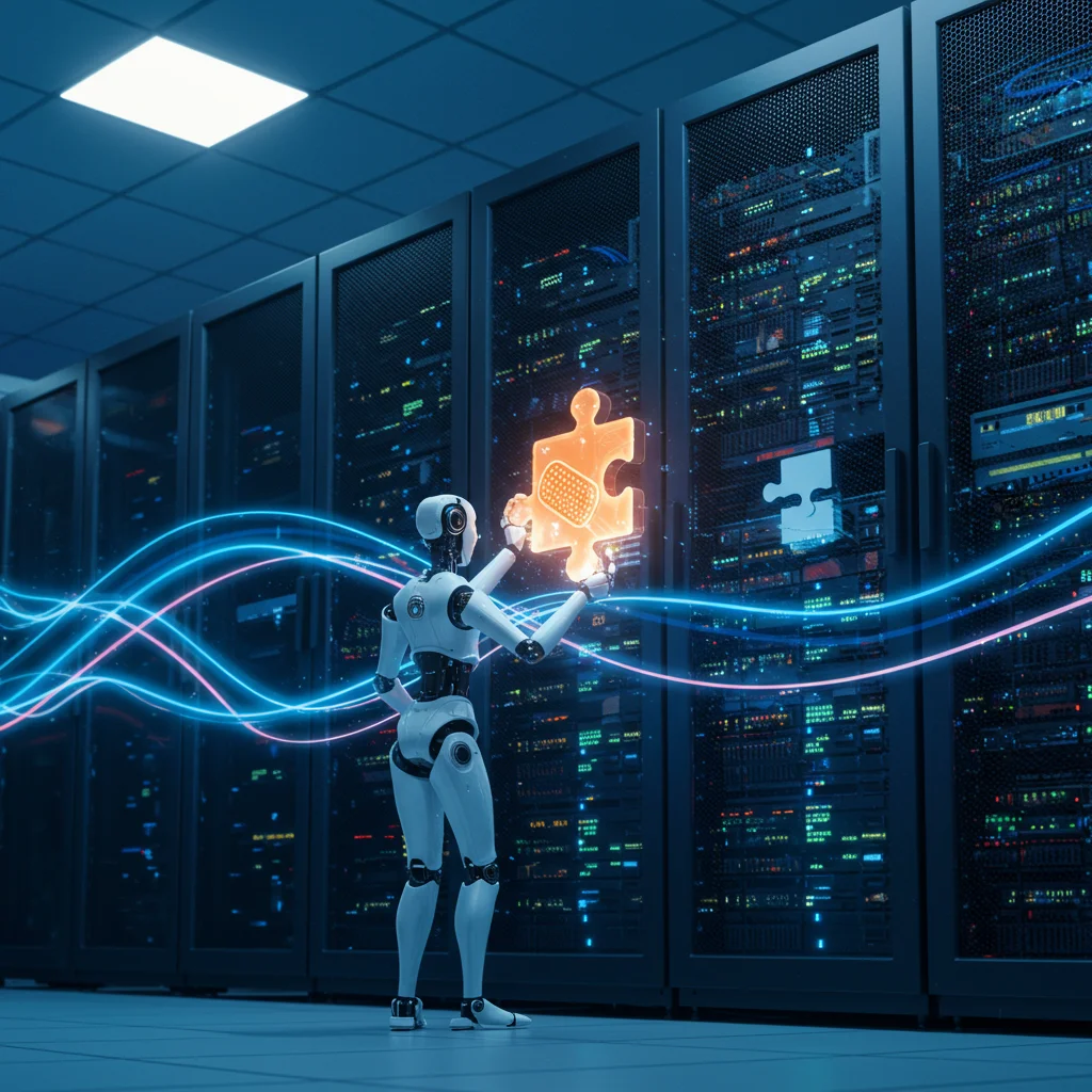 Um robô futurista aplicando um patch, representado por uma peça de quebra-cabeça brilhante, em um servidor. Linhas de luz ilustram a energia fluindo pelo servidor.