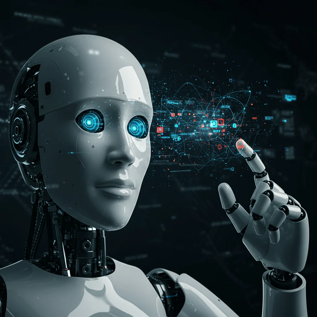 Um robô futurista usando visão computacional para analisar dados.