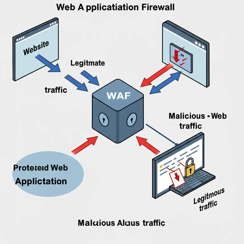 Diagrama representando um WAF filtrando o tráfego malicioso de um site. O tráfego legítimo passa pelo WAF e chega à aplicação web protegida