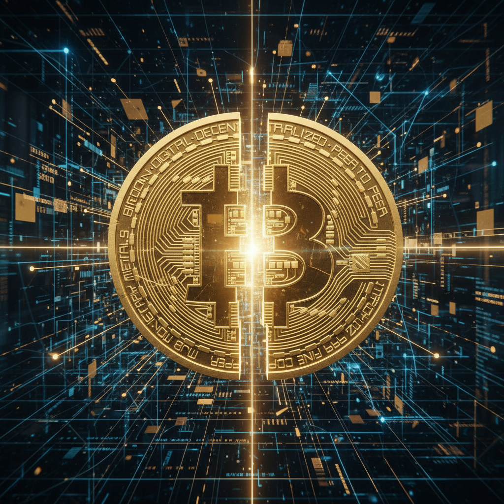 Representação visual do Halving do Bitcoin, com a moeda se dividindo ao meio em um fundo de rede digital.
