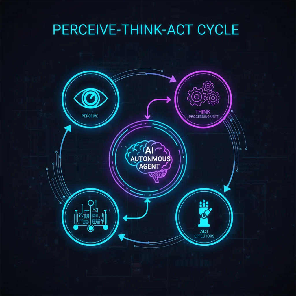 Infográfico ilustrando o ciclo de funcionamento de um agente autônomo: Percepção, Raciocínio e Ação.