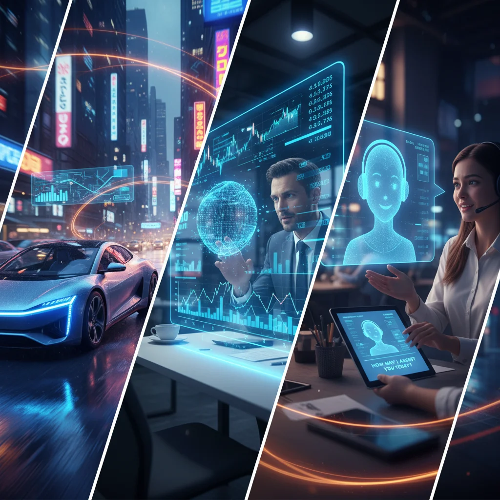 Mosaico de aplicações de agentes autônomos, incluindo carros autônomos, assistentes virtuais e análise de dados financeiros.