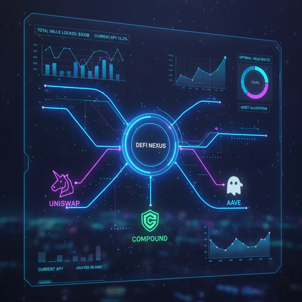 Fluxograma mostrando um agregador de DeFi no centro, conectado a vários outros protocolos de finanças descentralizadas.