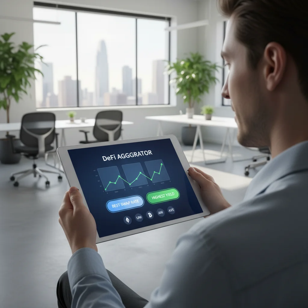 Interface de um agregador de DeFi em um tablet, exibindo as melhores taxas de troca e rendimentos.