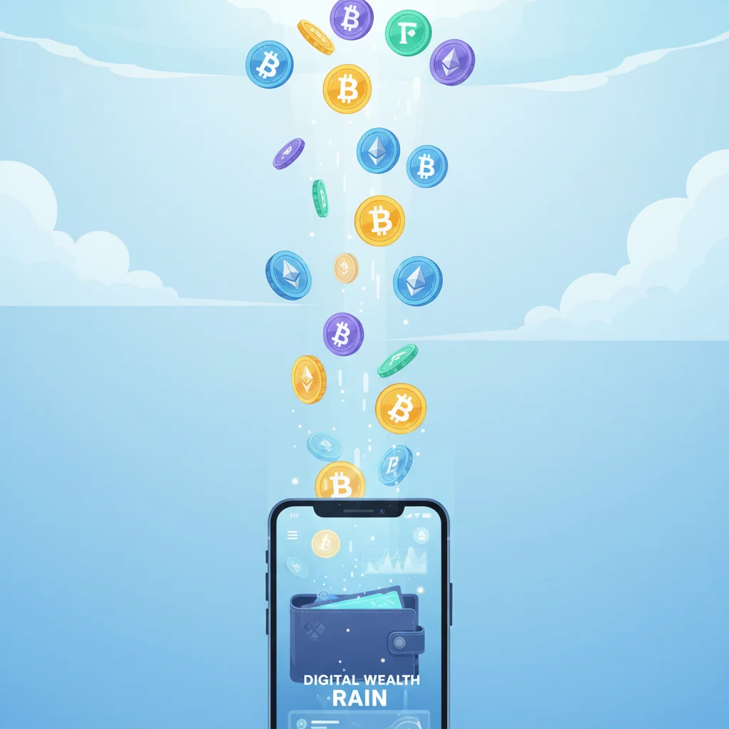 Ilustração de criptomoedas caindo do céu em uma carteira digital, representando um airdrop.