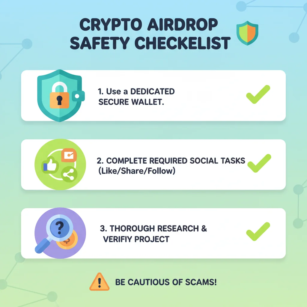 Checklist de segurança para participar de airdrops de criptomoedas, mostrando ícones de carteira, tarefas e pesquisa.