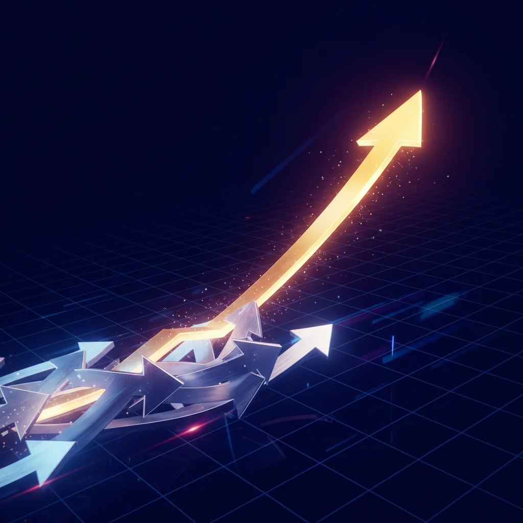 Gráfico ilustrativo mostrando uma seta dourada subindo muito mais que as outras, simbolizando o conceito de Alfa em investimentos.