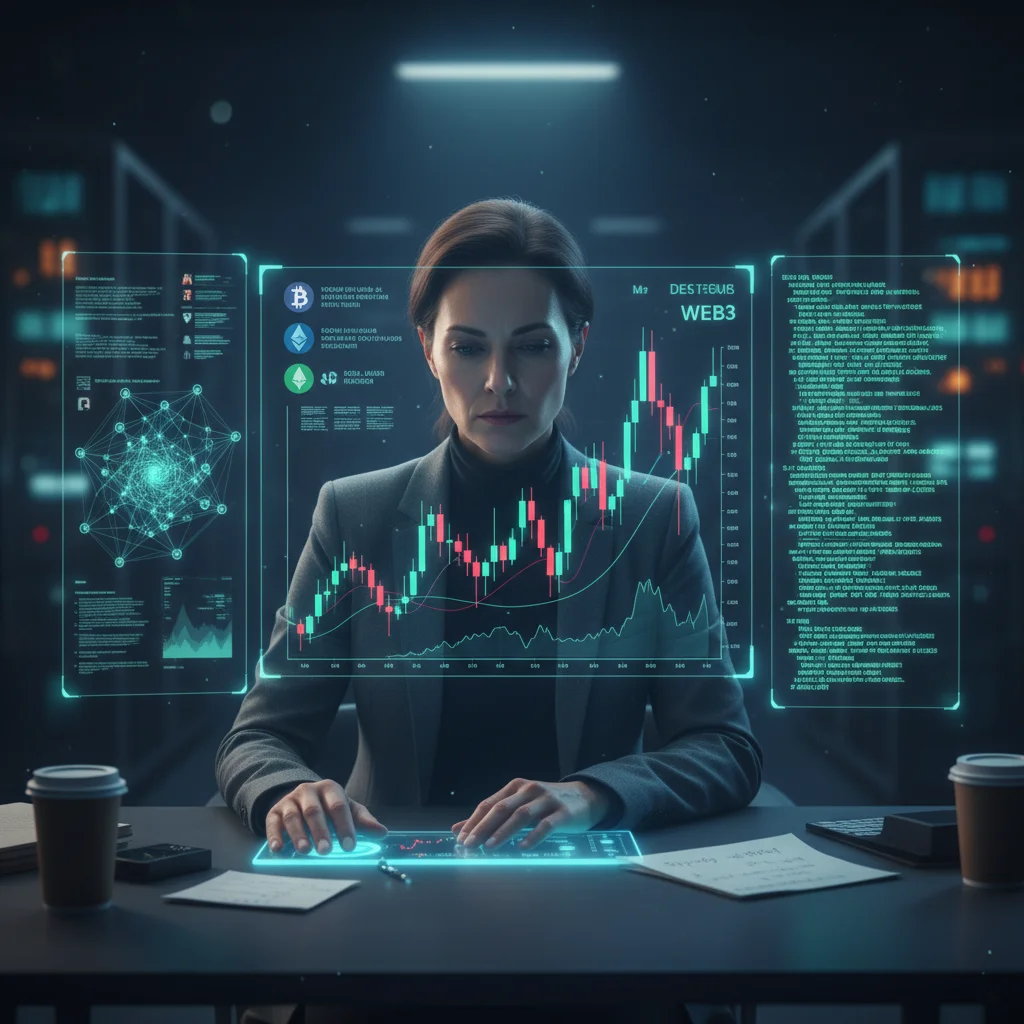 Investidor analisando gráficos e dados complexos de criptomoedas em uma tela holográfica, representando a pesquisa necessária para encontrar Alfa.