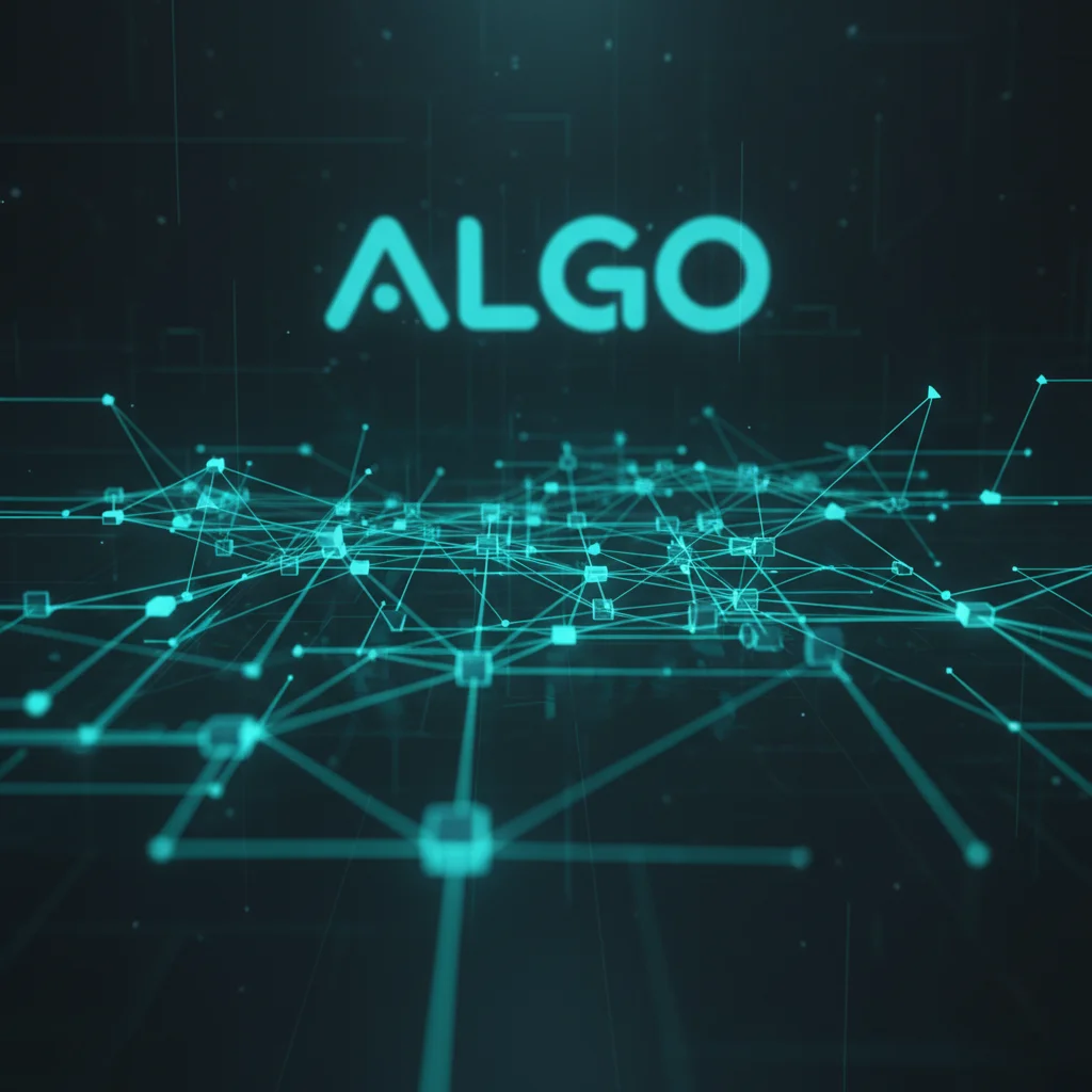 Representação digital da blockchain Algorand, mostrando nós conectados e o símbolo da criptomoeda ALGO.