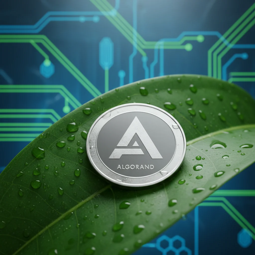 Símbolo da criptomoeda Algorand (ALGO) sobre uma folha verde, simbolizando sua sustentabilidade e baixo impacto ambiental.