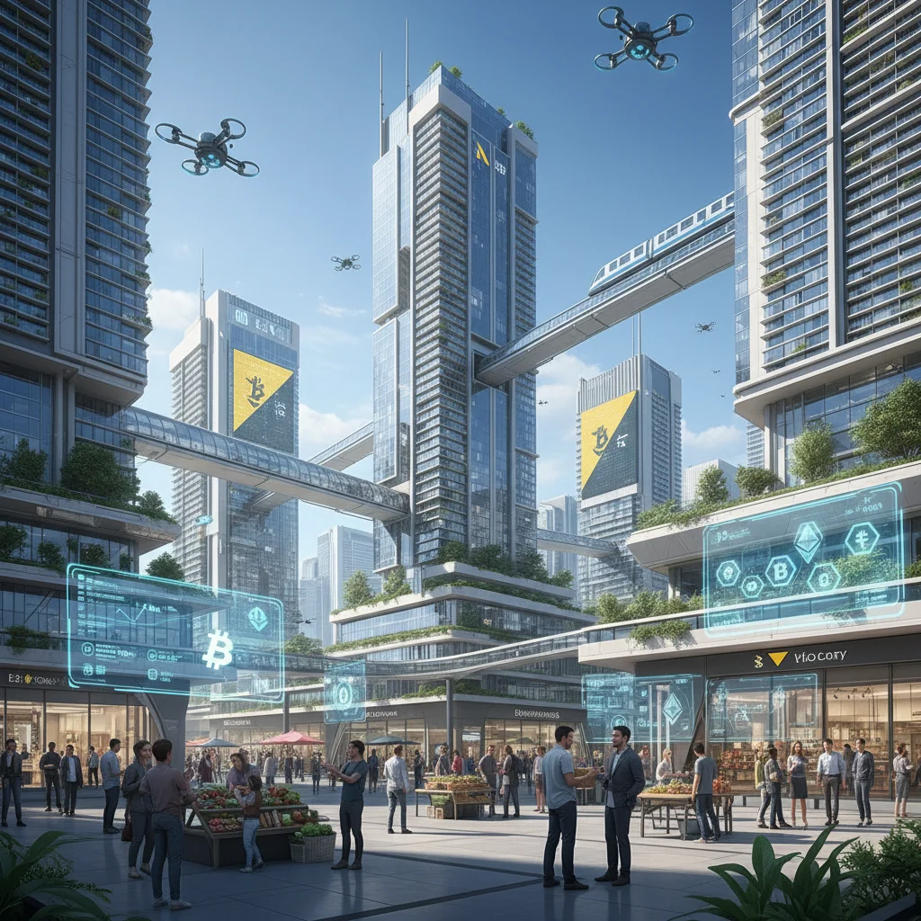 Ilustração de uma cidade anarcocapitalista futurista, com comércio livre e tecnologia avançada.
