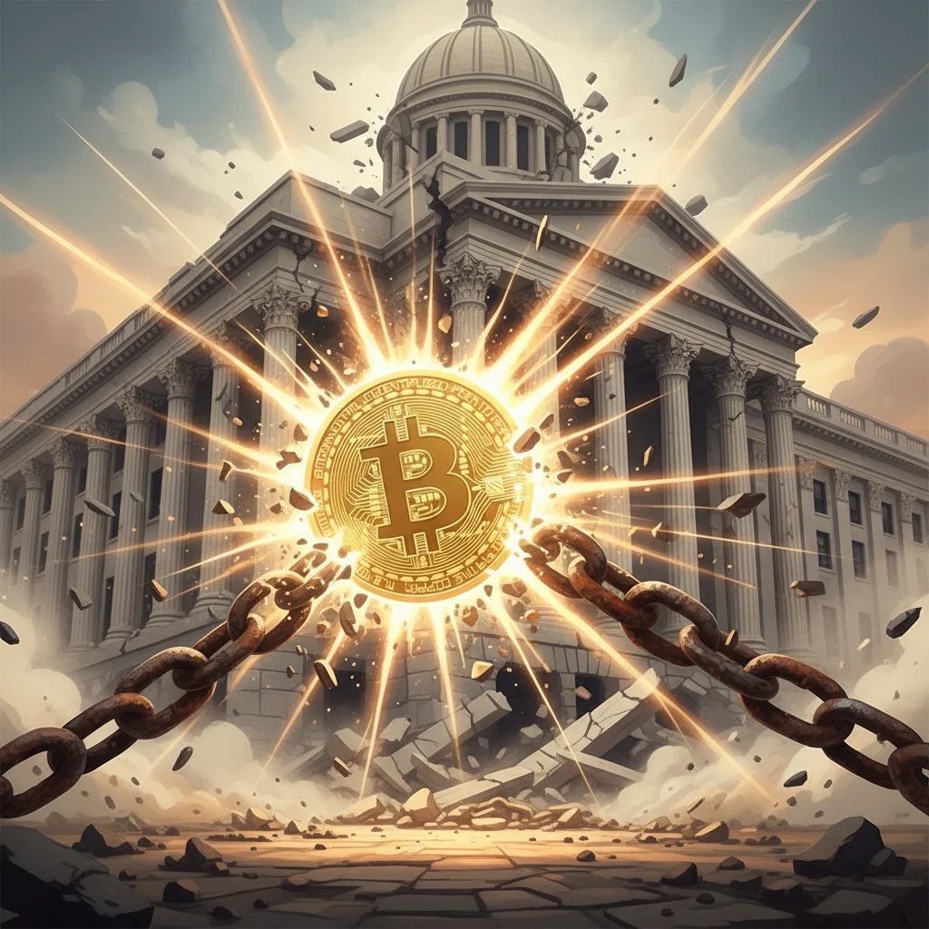 Representação simbólica do Bitcoin quebrando as correntes de um banco central estatal.