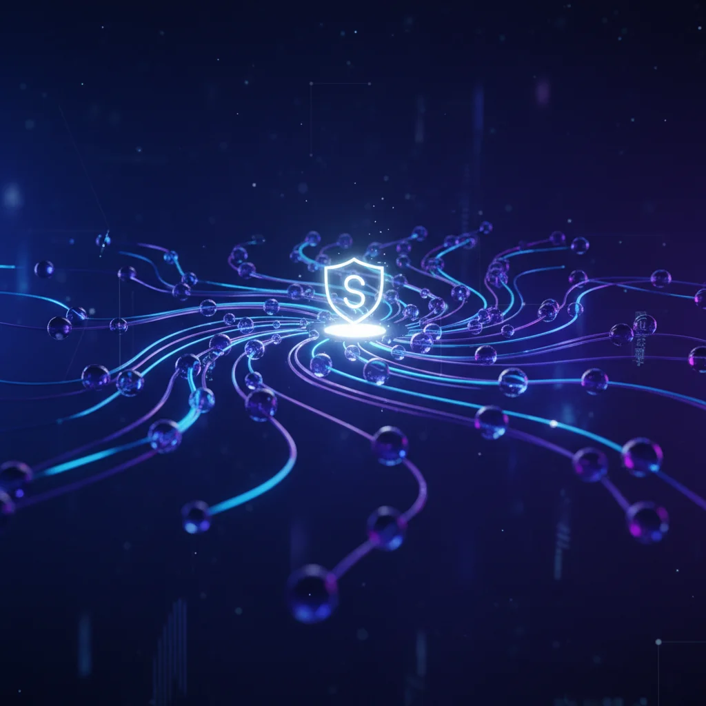 Ilustração de uma rede descentralizada com nós conectados, representando a estrutura de um DApp na blockchain.