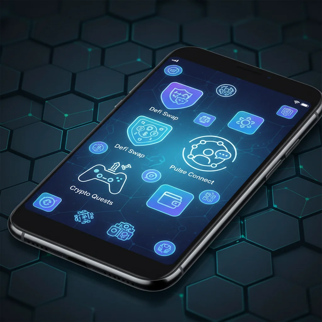 Tela de smartphone exibindo ícones de diferentes tipos de DApps, como finanças descentralizadas (DeFi) e jogos.