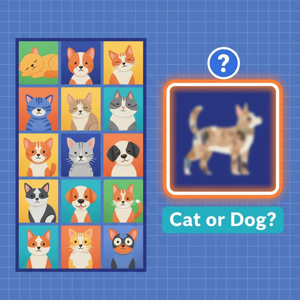 Diagrama mostrando um sistema de IA para classificação de imagens que selecionou a foto de um animal em uma pose incomum para um humano classificar.