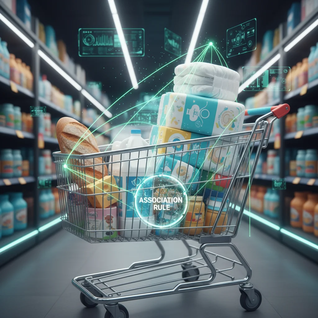 Exemplo de regra de associação na aprendizagem não supervisionada, mostrando a conexão entre produtos em um carrinho de compras.