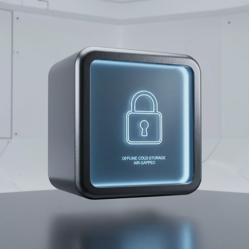 Ilustração de um cofre digital seguro representando o conceito de armazenamento frio para criptomoedas.
