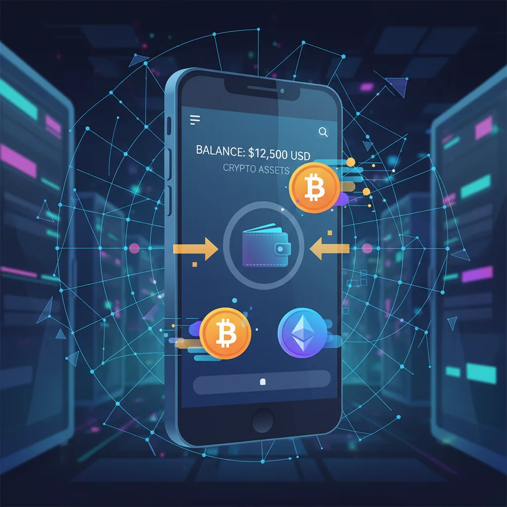 Ilustração de uma carteira de criptomoedas quente em um smartphone, conectada à internet.