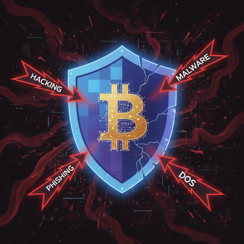 Ilustração de um escudo digital protegendo criptomoedas de ataques cibernéticos, simbolizando os riscos do armazenamento quente.