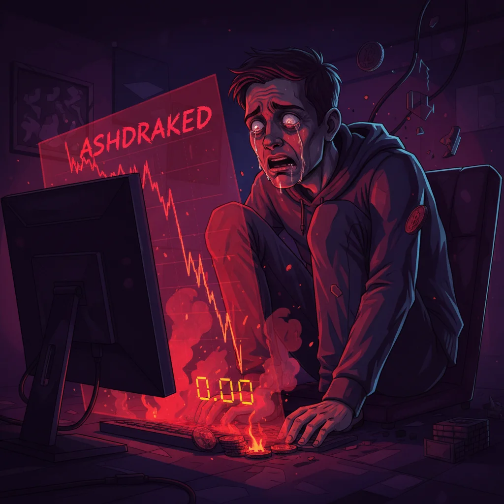 Gráfico de criptomoeda caindo a zero com um investidor desesperado, representando o conceito de Ashdraked.