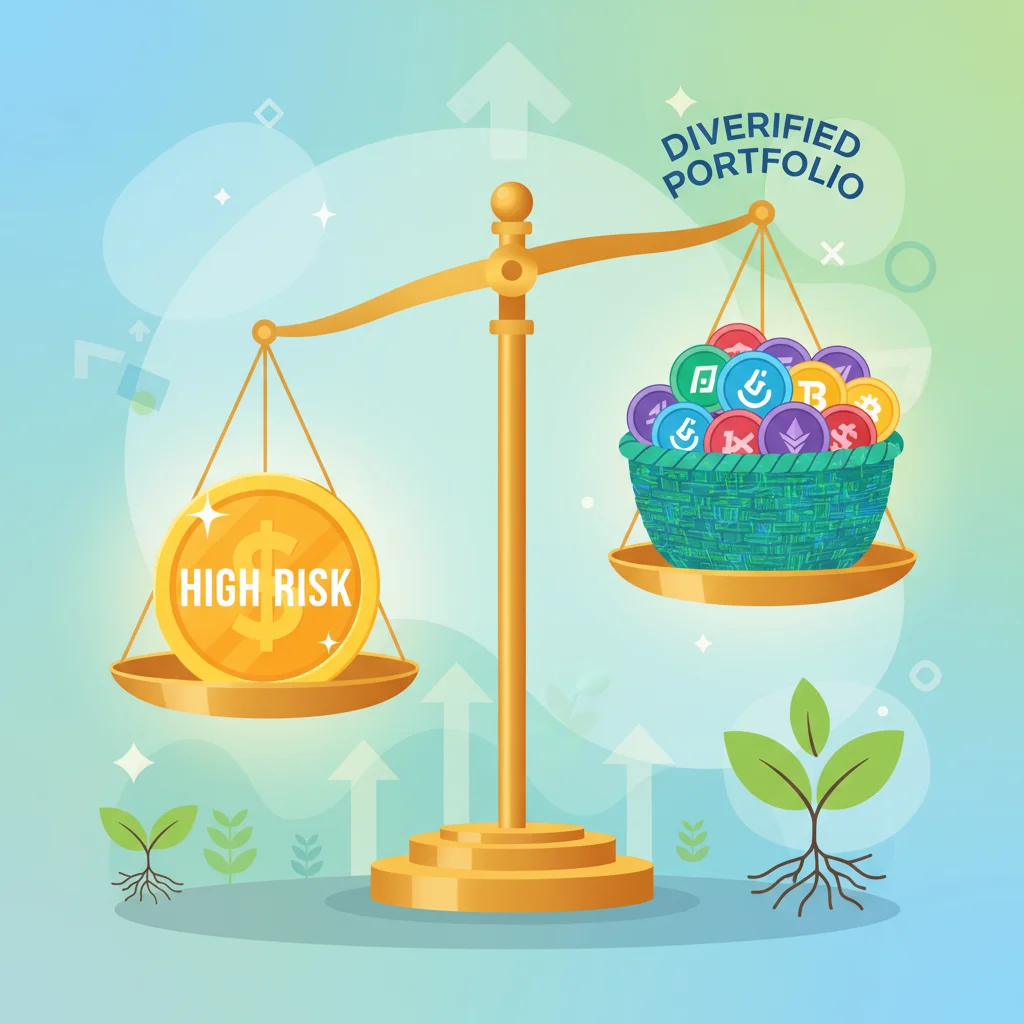 Ilustração de uma balança equilibrada mostrando a importância da diversificação de portfólio em criptomoedas para evitar grandes perdas.