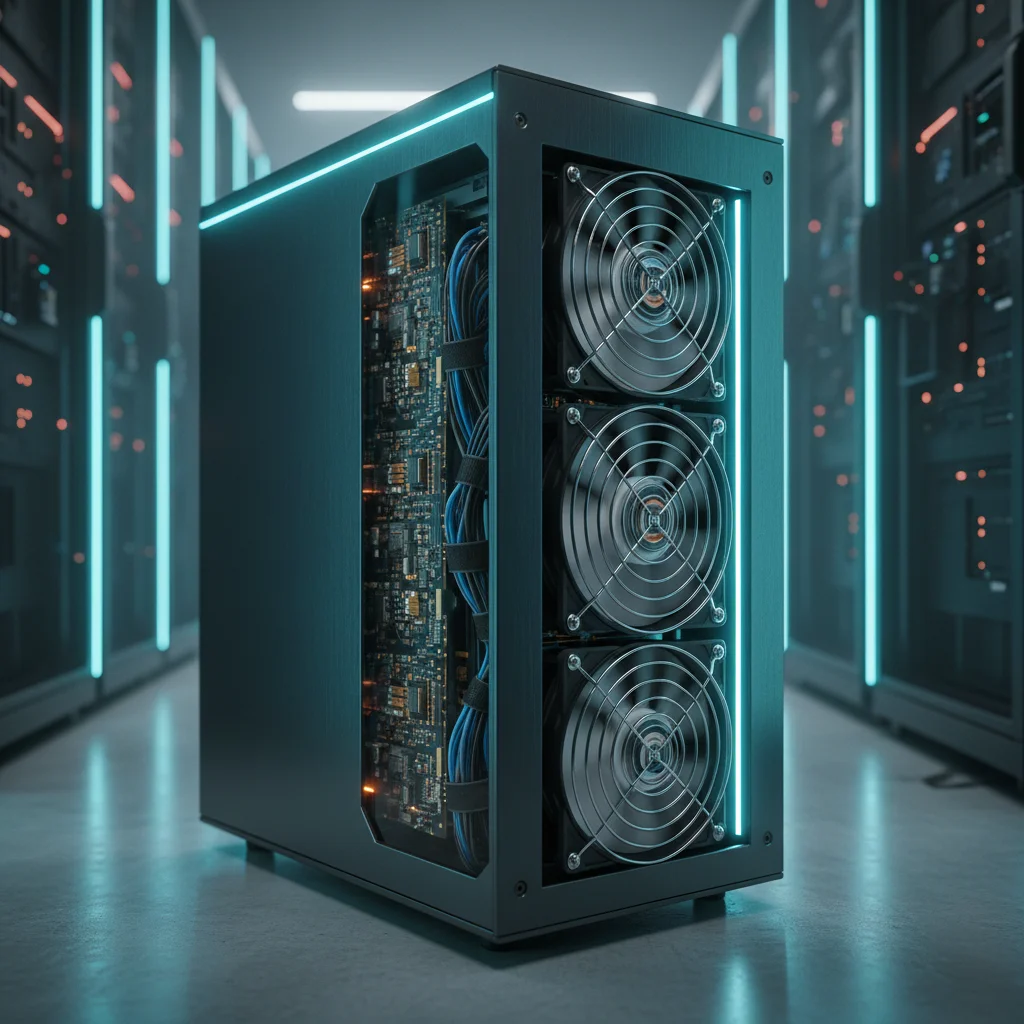 Máquina de mineração ASIC moderna em um data center, mostrando seus componentes e ventoinhas.