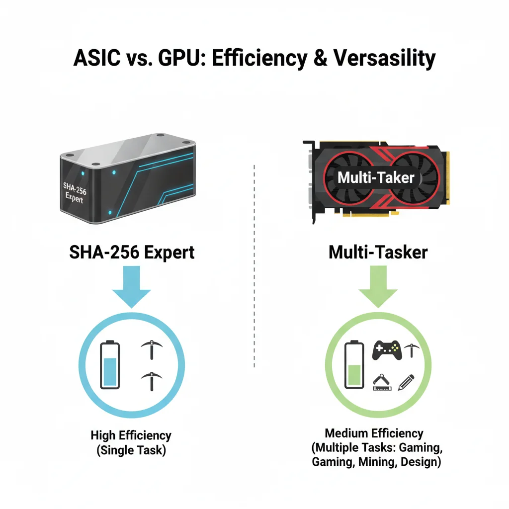 Infográfico comparando a especialização de um ASIC com a versatilidade de uma GPU na mineração.