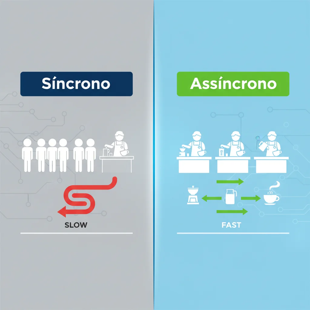Diagrama comparando processamento síncrono e assíncrono em uma cafeteria.