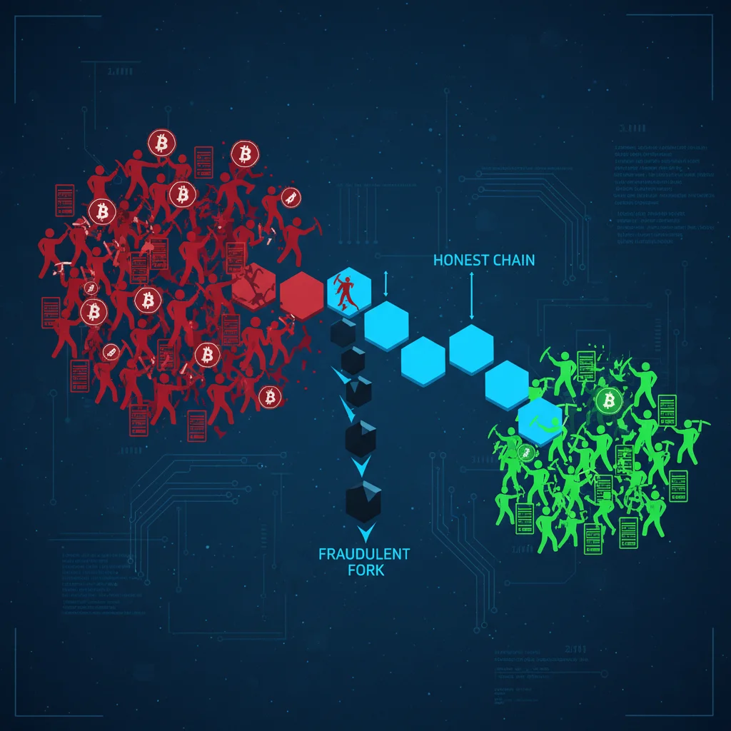 Ilustração conceitual de um Ataque 51% em uma blockchain.