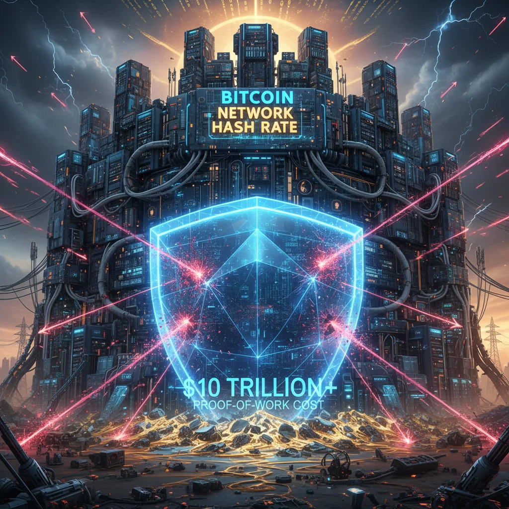 Fortaleza digital representando a alta taxa de hash da rede Bitcoin como defesa contra ataques.