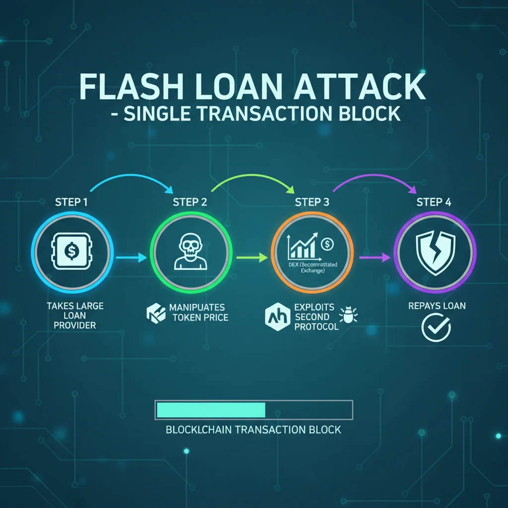 Infográfico explicando as etapas de um ataque de flash loan em DeFi.