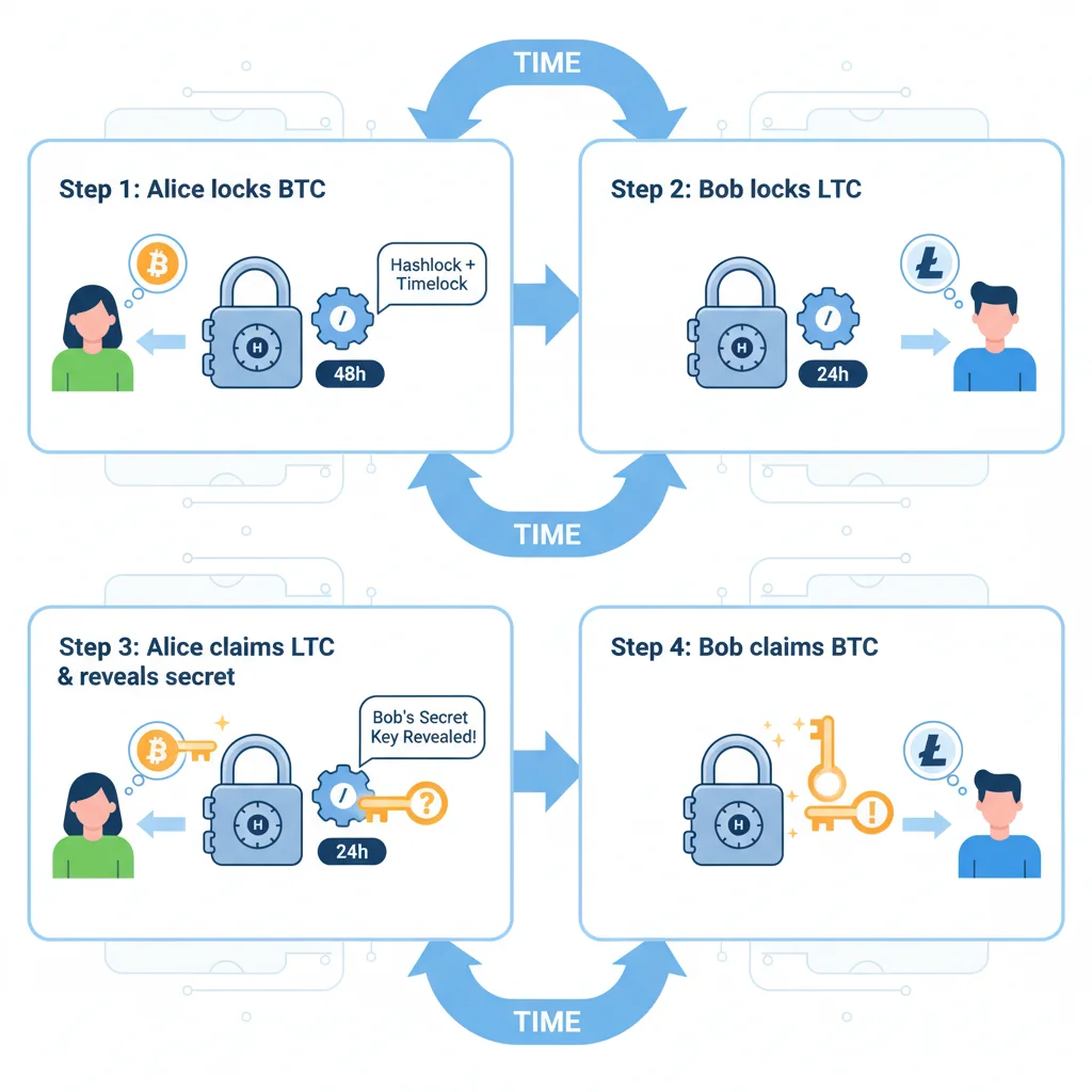 Infográfico explicando o funcionamento de um Contrato de Hash com Bloqueio de Tempo (HTLC) em um Atomic Swap.