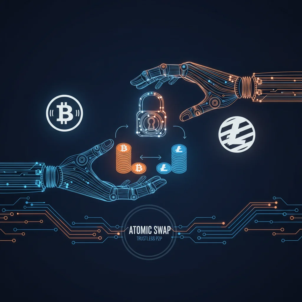 Ilustração conceitual de um Atomic Swap, mostrando a troca direta de criptomoedas entre duas blockchains diferentes.